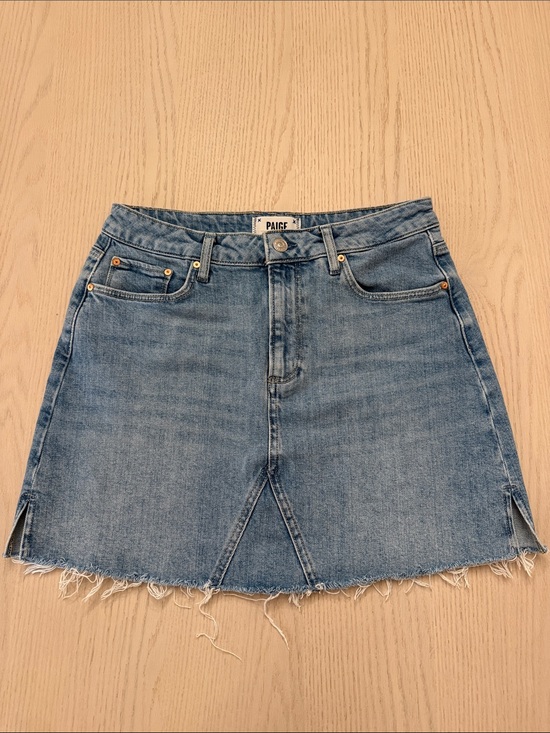 PAIGE Dresses & Skirts - PAIGE high rise  Blue Denim A-Line Mini Skirt with Frayed Hem